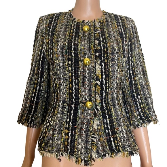 CAbi Paris tweed blouce blazer Boucle Brown Tweed Fringed Gold Buttons Women's - Picture 2 of 12